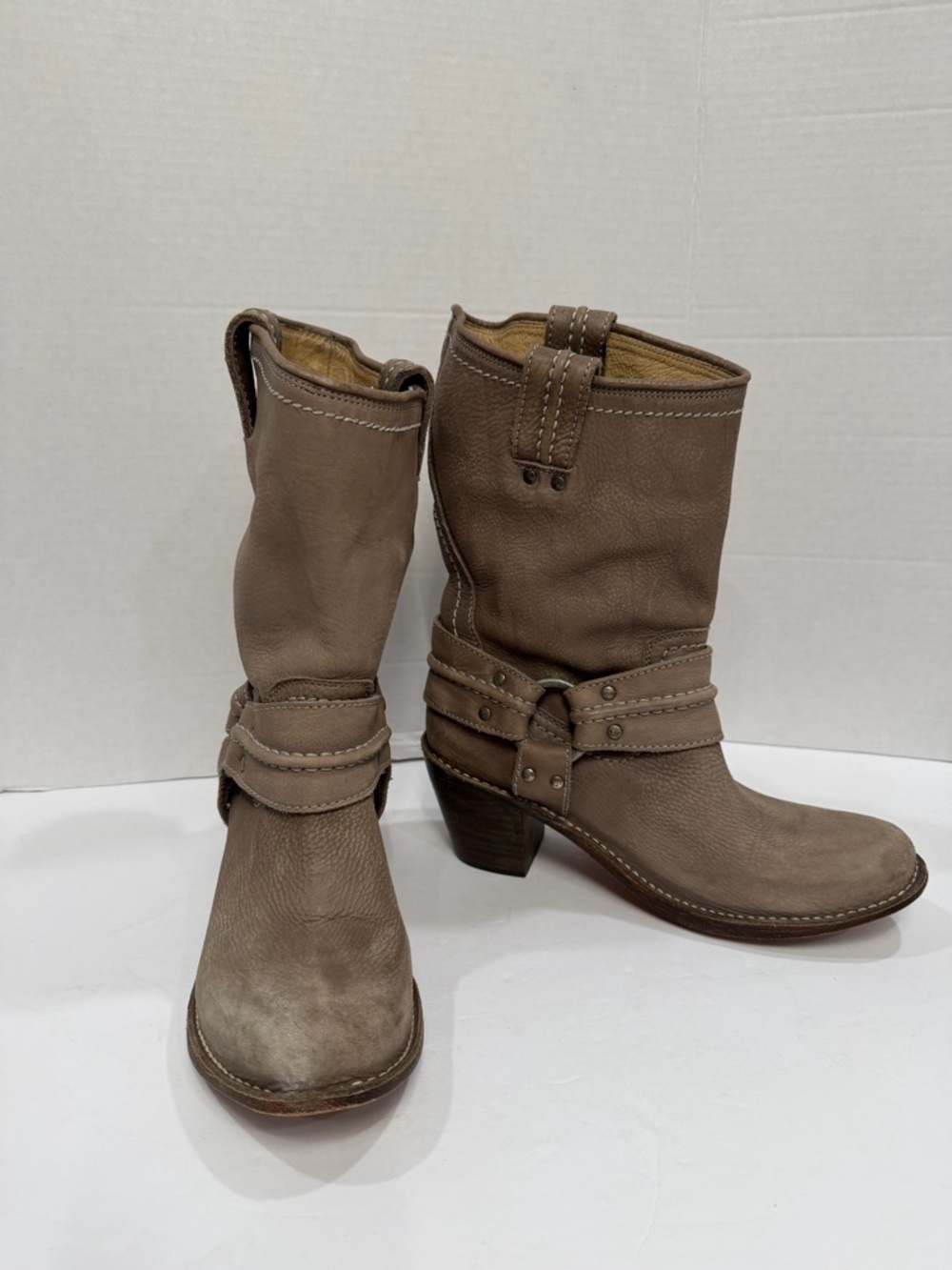 Frye  Leather Western Mid-Calf Boots Strap Studded Block Heel Women's Size 9